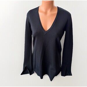 Theory Womens Britona Lustrate Black Knit V-Neck Shirt Size S Oversized Luxury